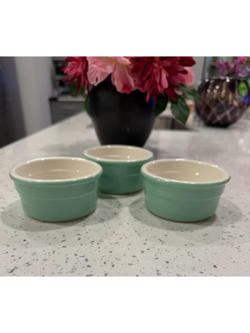 3 Cermer Spain Mint Green White Ceramic 4 oz Ramekins Dipping Sauce Bowls